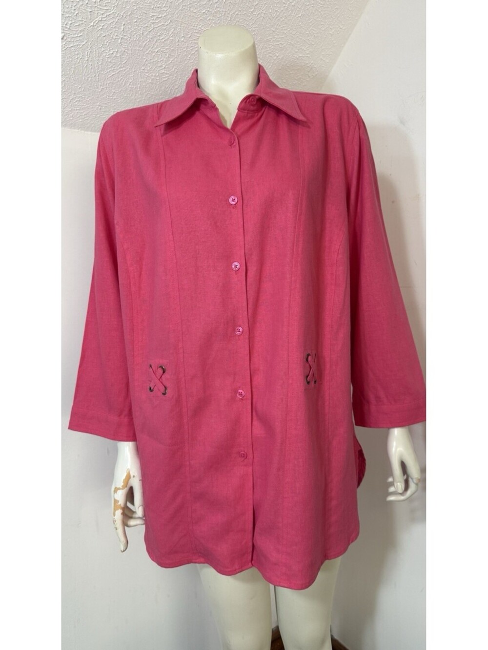 Linear Womens 1X Linen Blend Blouse Magenta Pink 7/8 Sleeves Collar Button Up